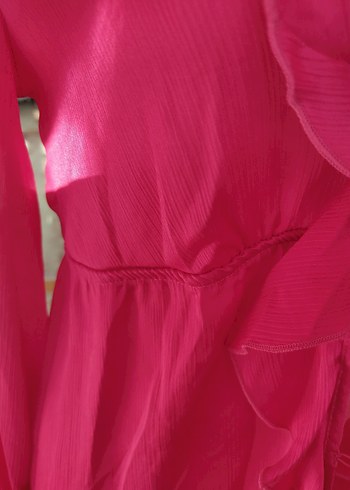 Pembe V Yaka Fırfırlı Uzun Kadın Bluz - Görsel 3