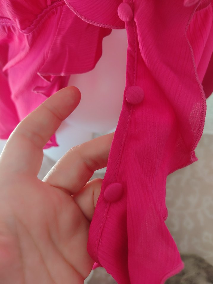 Pembe V Yaka Fırfırlı Uzun Kadın Bluz - Görsel 4