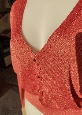 Kırmızı Parlak Örgü Kadın Kazak - Görsel 3