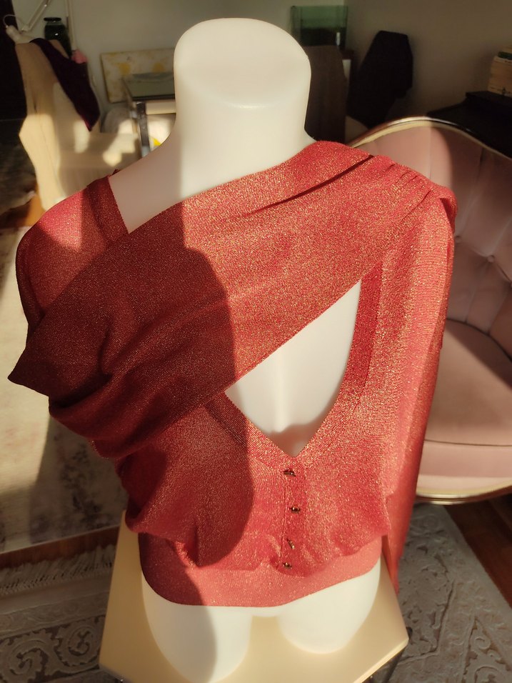 Kırmızı Parlak Örgü Kadın Kazak - Görsel 5