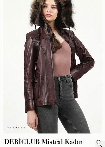 Bordo Deri Kürklü Kadın Biker Ceket - Görsel 2