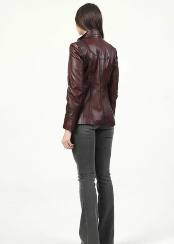 Bordo Deri Kürklü Kadın Biker Ceket - Görsel 4