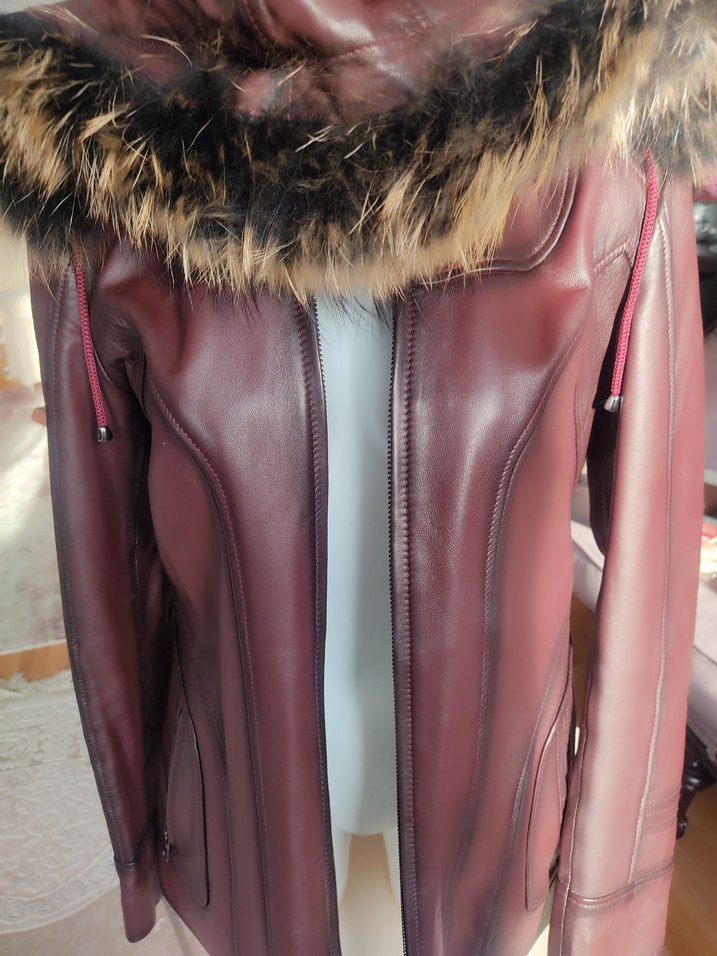 Bordo Deri Kürklü Kadın Biker Ceket - Görsel 5