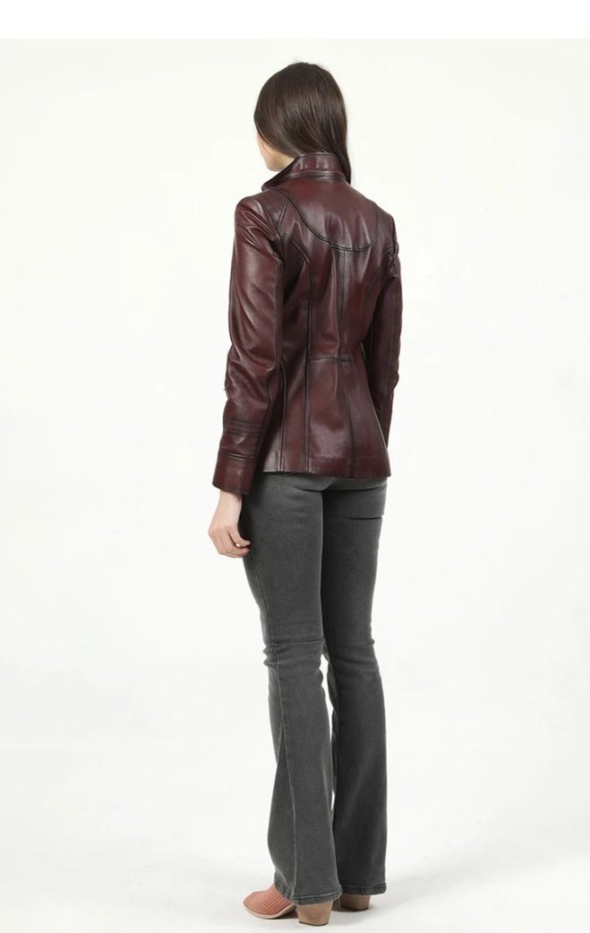 Bordo Deri Kürklü Kadın Biker Ceket - Görsel 4