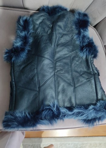 Mavi Süet Kürklü Uzun Kadın Yelek - Görsel 3