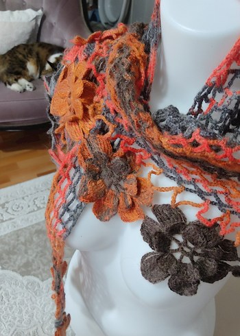 Çiçekli Çok Renkli Bohem Dantel Örgü Şal - Görsel 2