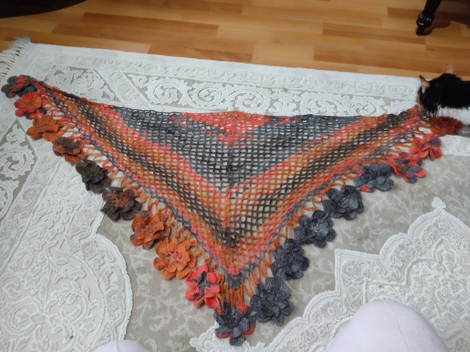 Çiçekli Çok Renkli Bohem Dantel Örgü Şal - Görsel 5