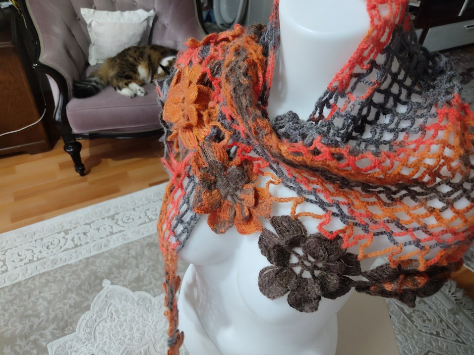 Çiçekli Çok Renkli Bohem Dantel Örgü Şal - Görsel 2