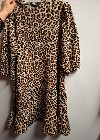 Kahverengi Leopar Desenli Uzun Kollu Mini Elbise - Görsel 2