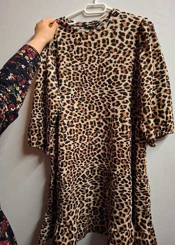 Kahverengi Leopar Desenli Uzun Kollu Mini Elbise - Görsel 6