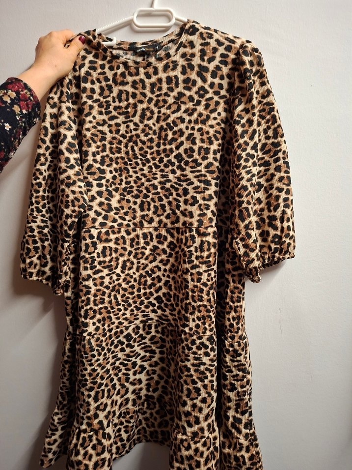 Kahverengi Leopar Desenli Uzun Kollu Mini Elbise - Görsel 5