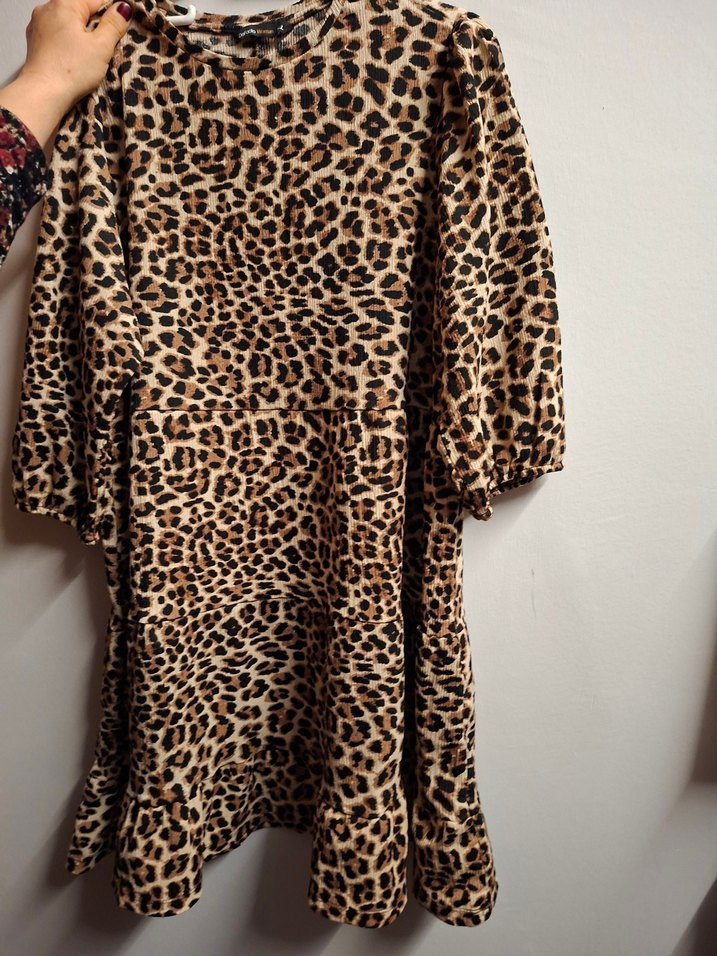 Kahverengi Leopar Desenli Uzun Kollu Mini Elbise - Görsel 2