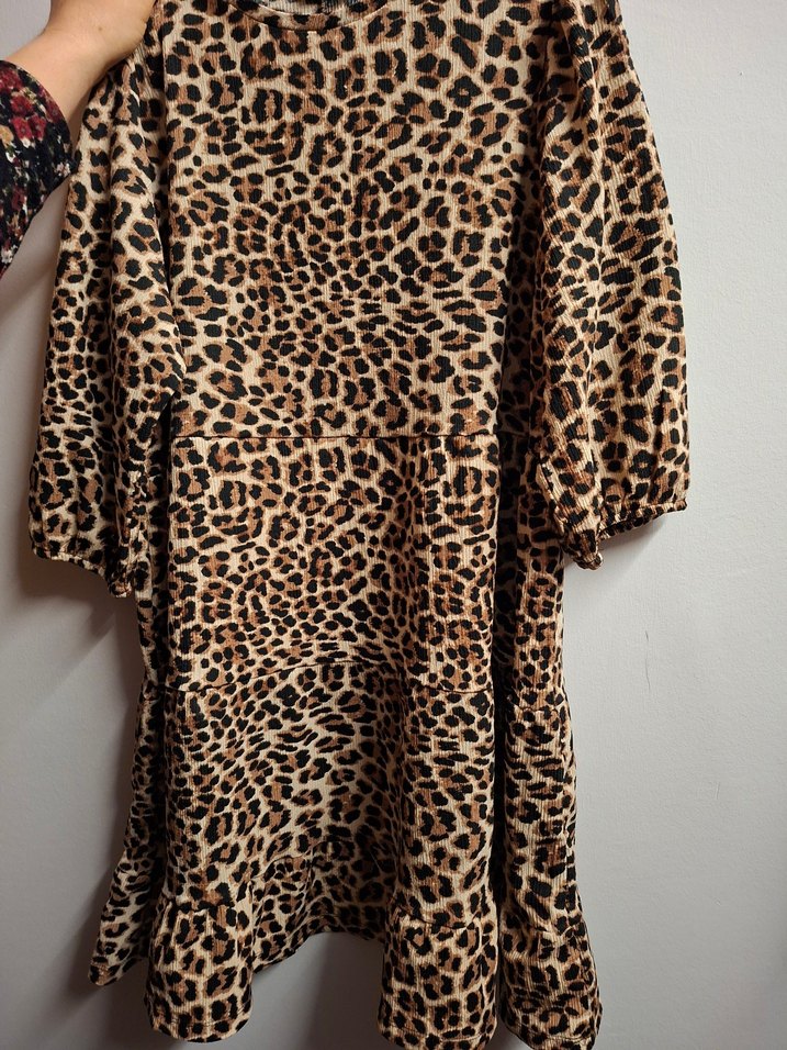 Kahverengi Leopar Desenli Uzun Kollu Mini Elbise - Görsel 3