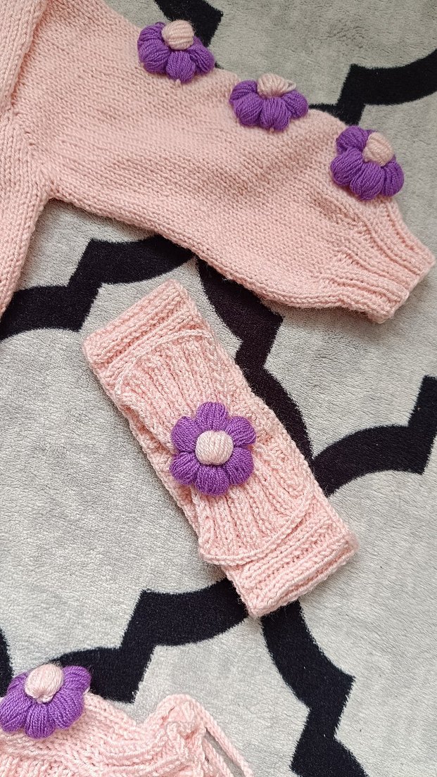 Kız Çocuk Pembe Çiçekli Triko Takım - Görsel 2