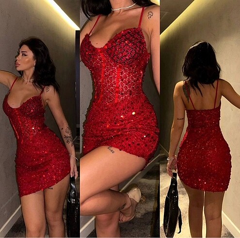 Kırmızı pul payet yılbaşı elbisesi