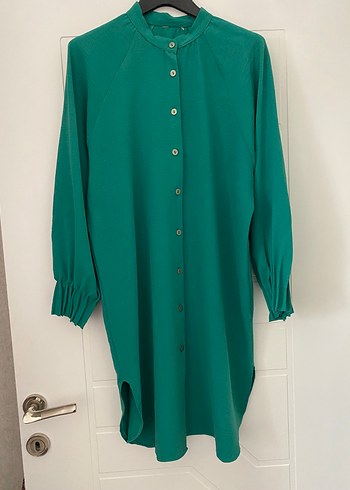Yeşil renk Düğmeli Uzun Kollu Salaş Rahat Tunik - Görsel 2