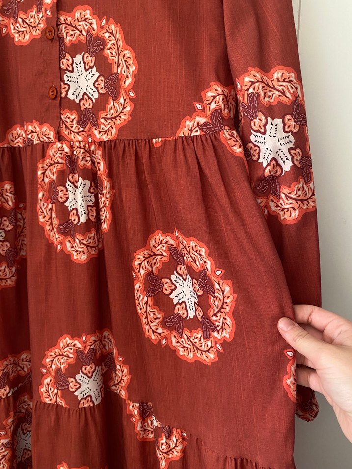 Kiremit renk Uzun Kollu Bağlama Desenli Bohem Elbise - Görsel 2