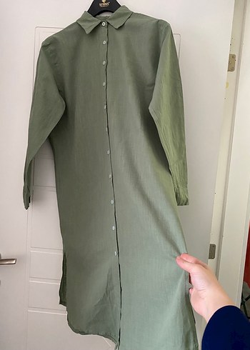 Düğmeli Uzun Kollu Özel Dikim Keten Kadın Tunik - Görsel 2