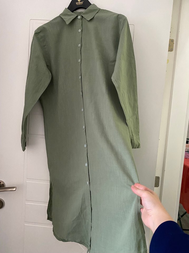 Düğmeli Uzun Kollu Özel Dikim Keten Kadın Tunik - Görsel 2