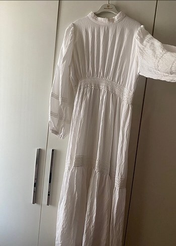 Uzun Kollu Bohem Beyaz Keten Elbise(butik ürünü) - Görsel 2