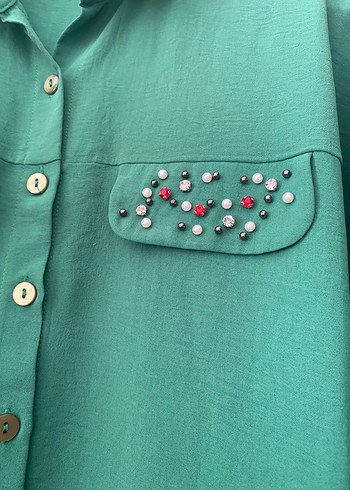 Fıstık Yeşil renk cepleri Taş süslemeli Uzun Kadın takım - Görsel 3