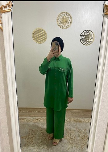 Fıstık Yeşil renk cepleri Taş süslemeli Uzun Kadın takım - Görsel 4