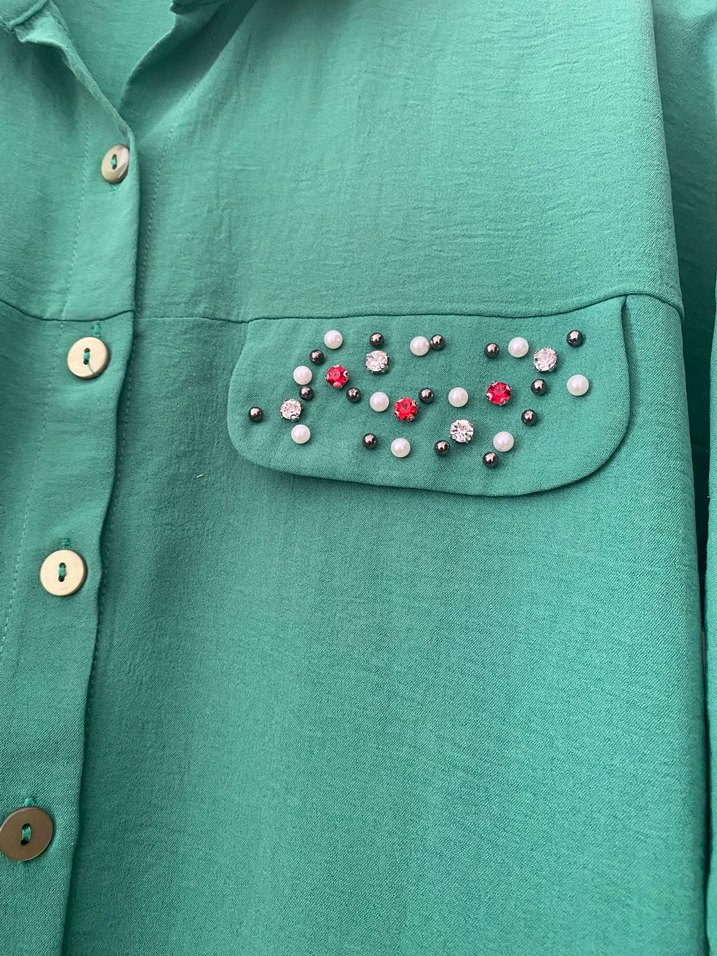Fıstık Yeşil renk cepleri Taş süslemeli Uzun Kadın takım - Görsel 3