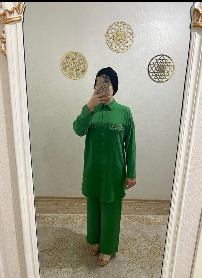 Fıstık Yeşil renk cepleri Taş süslemeli Uzun Kadın takım - Görsel 4