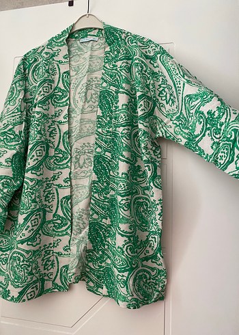 Yeşil Desenli Keten Kimono Takım - Görsel 3
