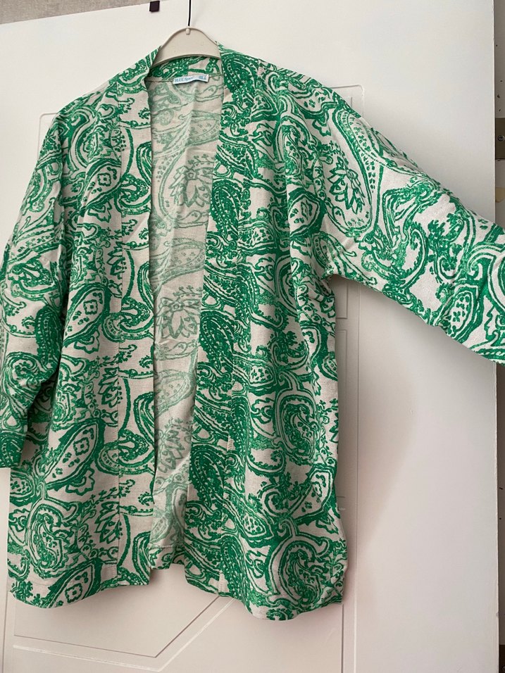 Yeşil Desenli Keten Kimono Takım - Görsel 3