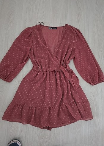 Bordo Puantiyeli V Yaka Mini Elbise
