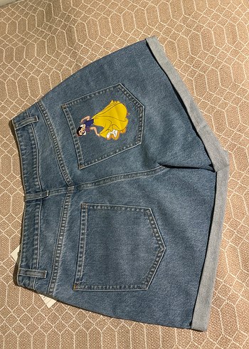 Diğer Minnie Mouse Baskılı Düğmeli Mavi Mini Kot Şort