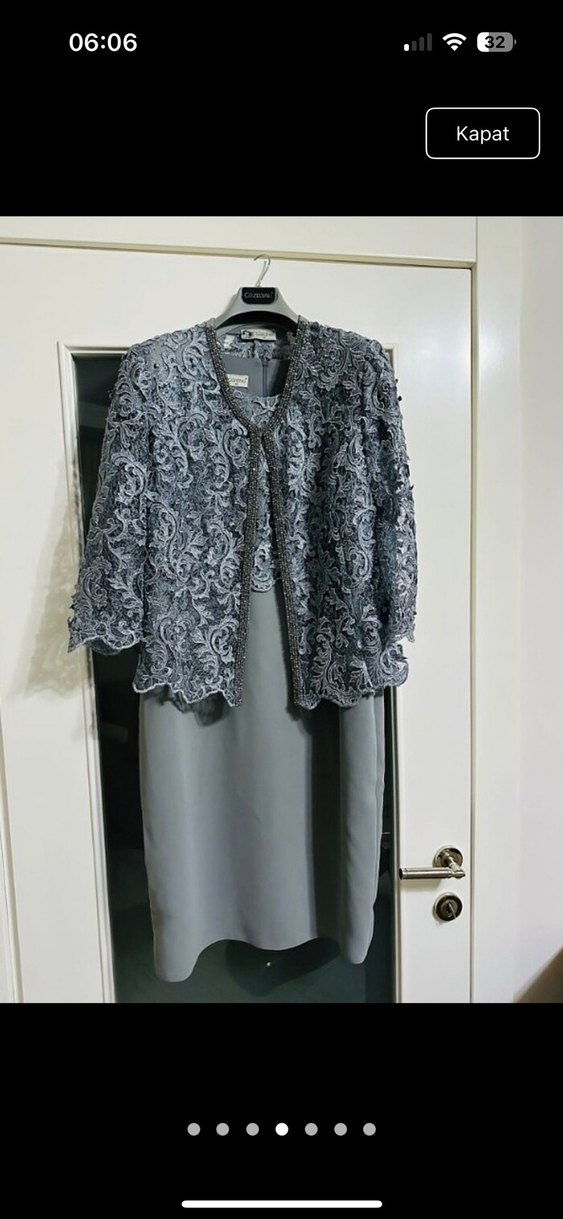 Gri Dantel İşlemeli Kısa Kadın elbise - Görsel 2