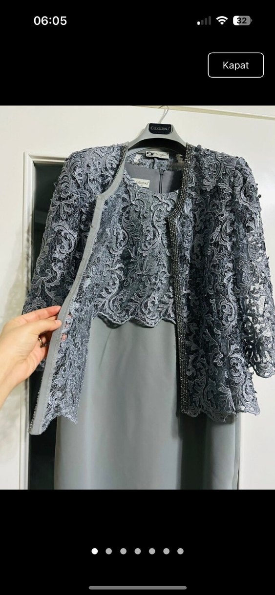 Gri Dantel İşlemeli Kısa Kadın elbise - Görsel 4