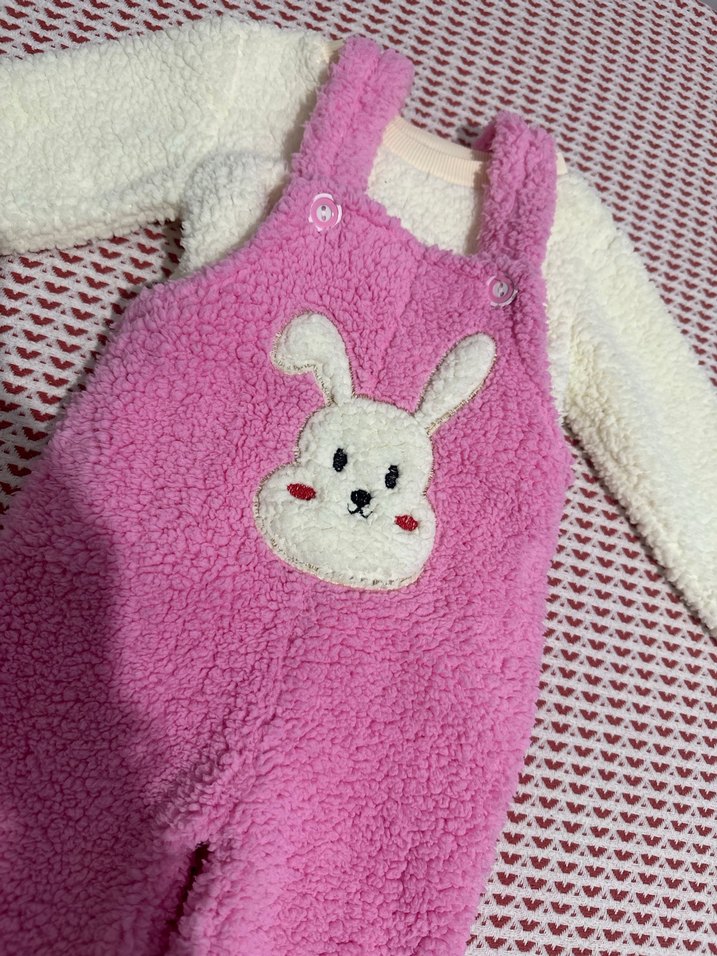 Peluş Tavşan Nakışlı Pembe Bebek Tulumu - Görsel 2