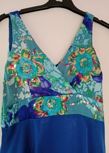 V Yaka Bohem Uzun Mavi Elbise - Görsel 3