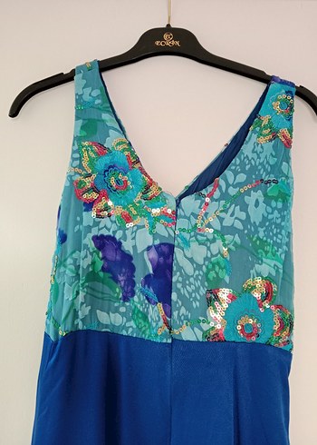 V Yaka Bohem Uzun Mavi Elbise - Görsel 2