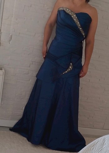 Mavi Drapeli Straplez Uzun Abiye Elbise - Görsel 8