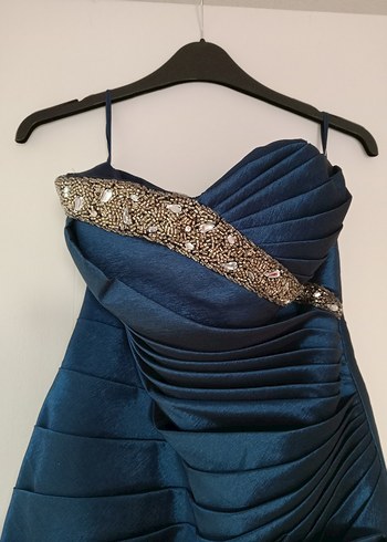 Mavi Drapeli Straplez Uzun Abiye Elbise - Görsel 2