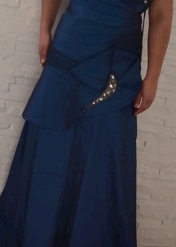 Mavi Drapeli Straplez Uzun Abiye Elbise - Görsel 6
