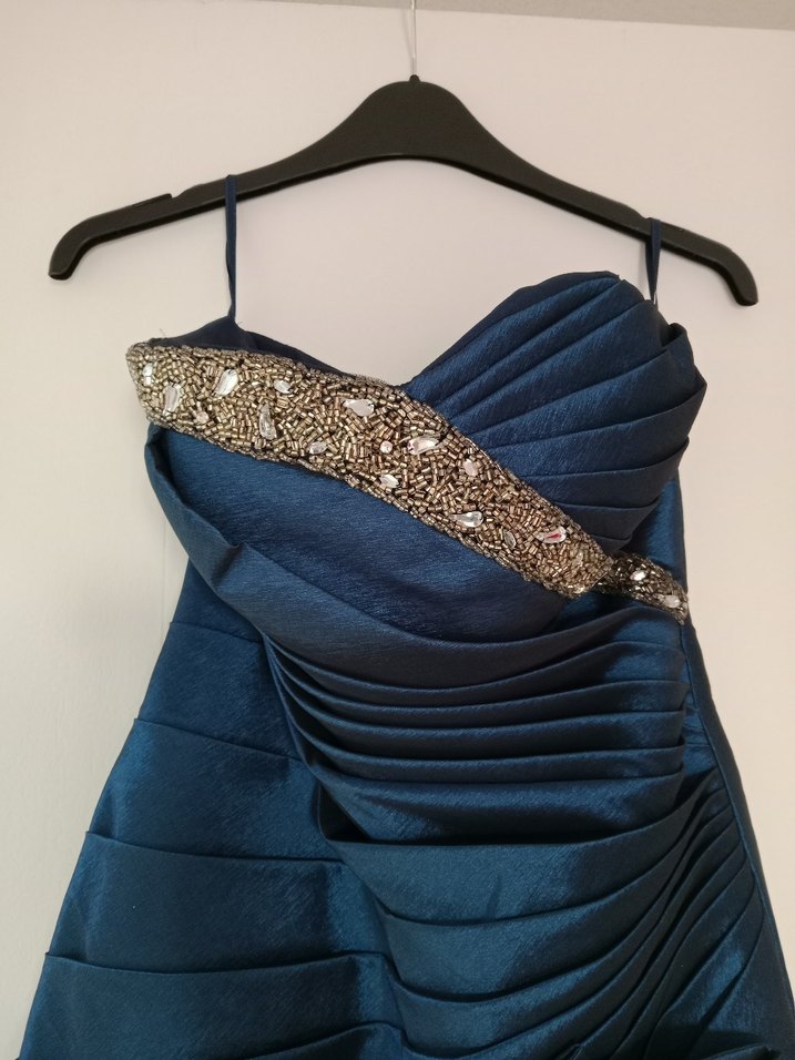 Mavi Drapeli Straplez Uzun Abiye Elbise - Görsel 2