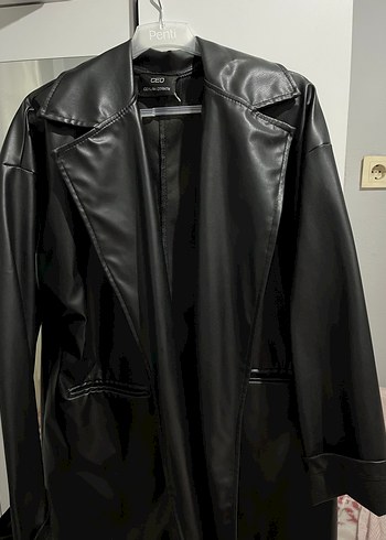 Siyah Deri Kemerli Midi Ceket - Görsel 3