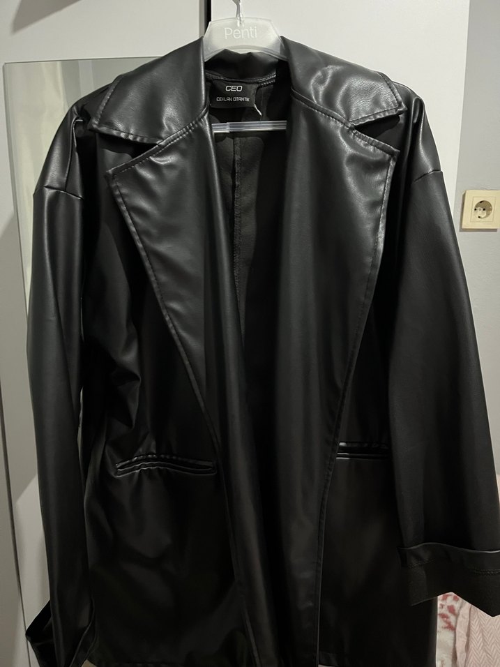 Siyah Deri Kemerli Midi Ceket - Görsel 2