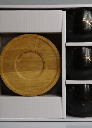  Beden siyah Renk Bambu Tabaklı Mermer Desen Porselen Fincan Seti