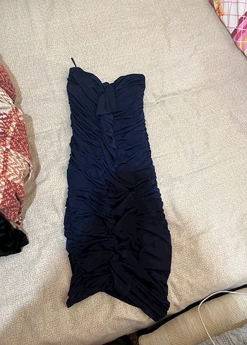 Lacivert Drapeli Straplez Uzun Elbise - Görsel 2