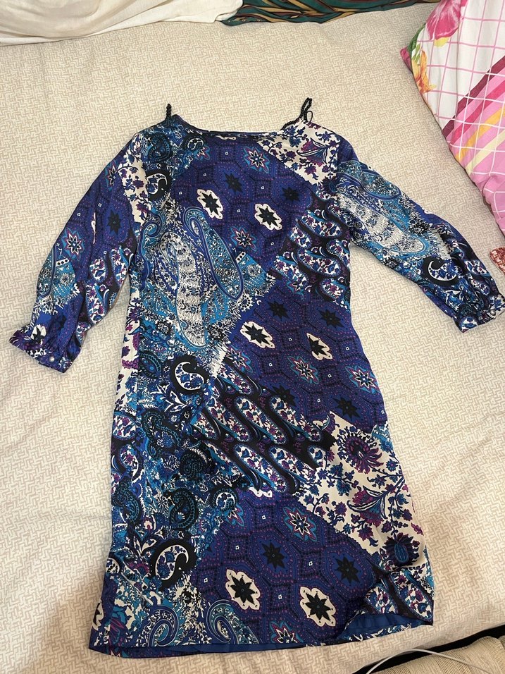 Mavi Uzun Kollu Desenli Bohem Hamile Tunik - Görsel 3