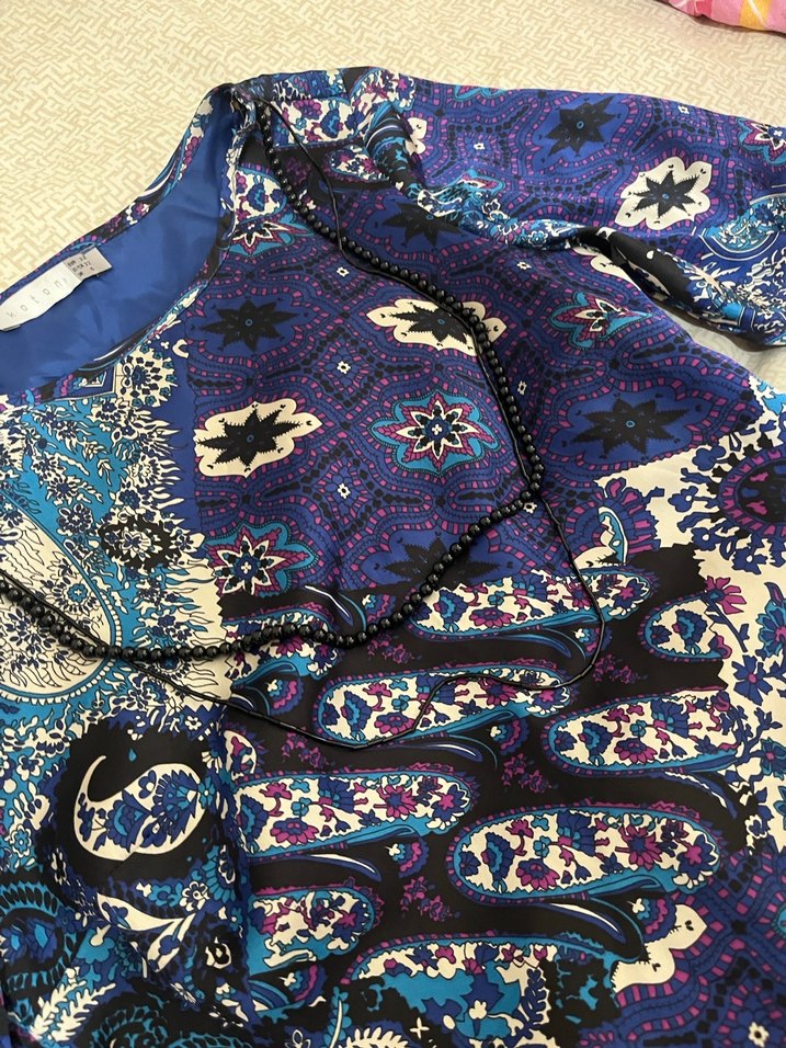 Mavi Uzun Kollu Desenli Bohem Hamile Tunik - Görsel 2