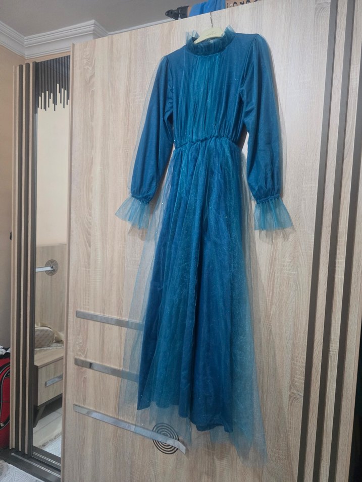 Parlak Mavi Uzun Kollu Drapeli Abiye Elbise - Görsel 3