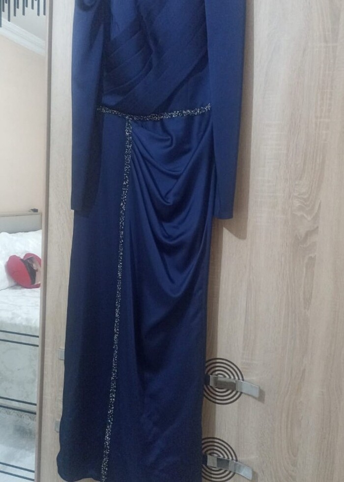 Lacivert saten elbise şal hediye  - Görsel 2