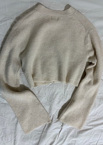 Bej V Yaka Örgü Kadın Hırka - Görsel 2